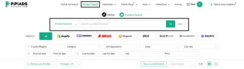 Product Search Tab - PiPiADs