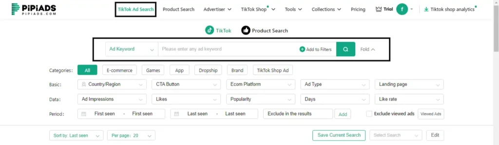 TikTok Ad Search Tab - Pipiads