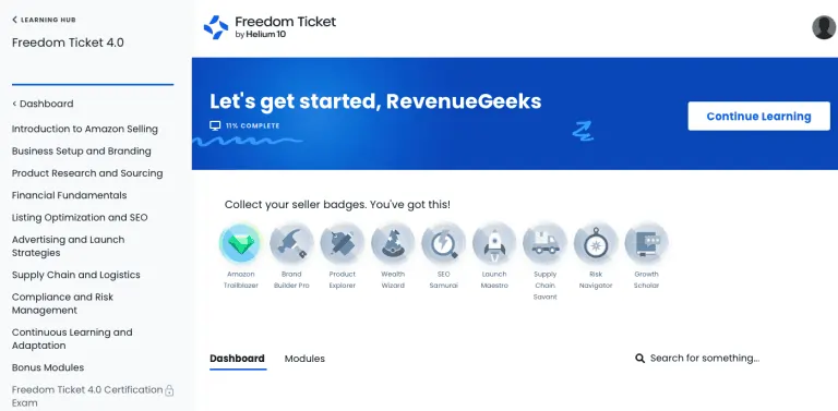Helium 10 Freedom Ticket Access through Dashboard
