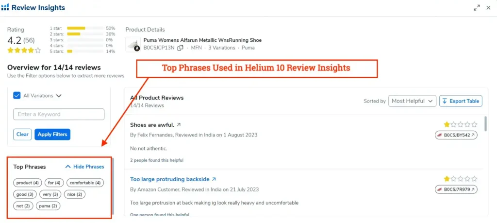 Top Phrases Used for Reviews Helium 10 Review Insights