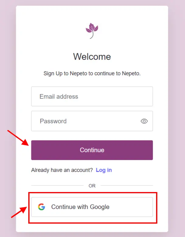 Nepeto Sign Up with Google Account 