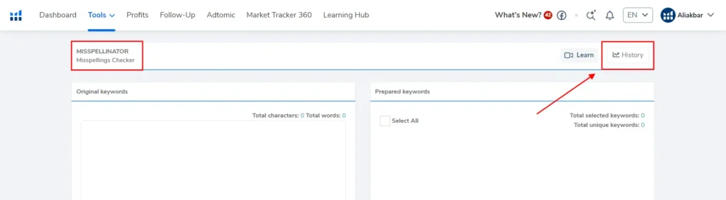 Helium 10 Misspellinator Keyword History