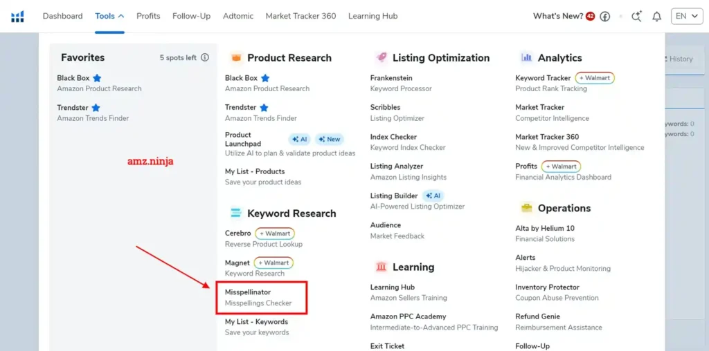 Helium10 Misspellinator Dashboard and Menu Access