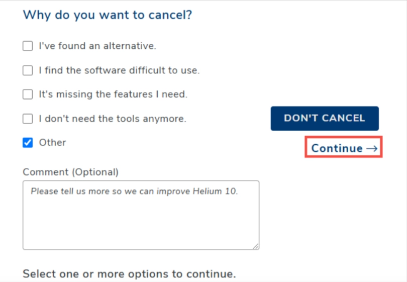 Selecting a Reason for Canceling Helium 10 Subscription