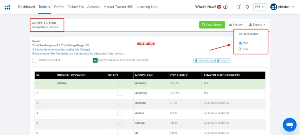 Export Misspellinator Keyword Data