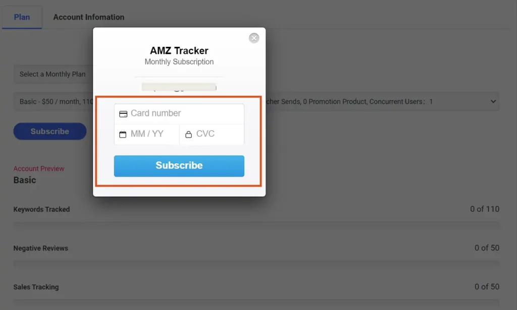 AMZTracker Credit card details