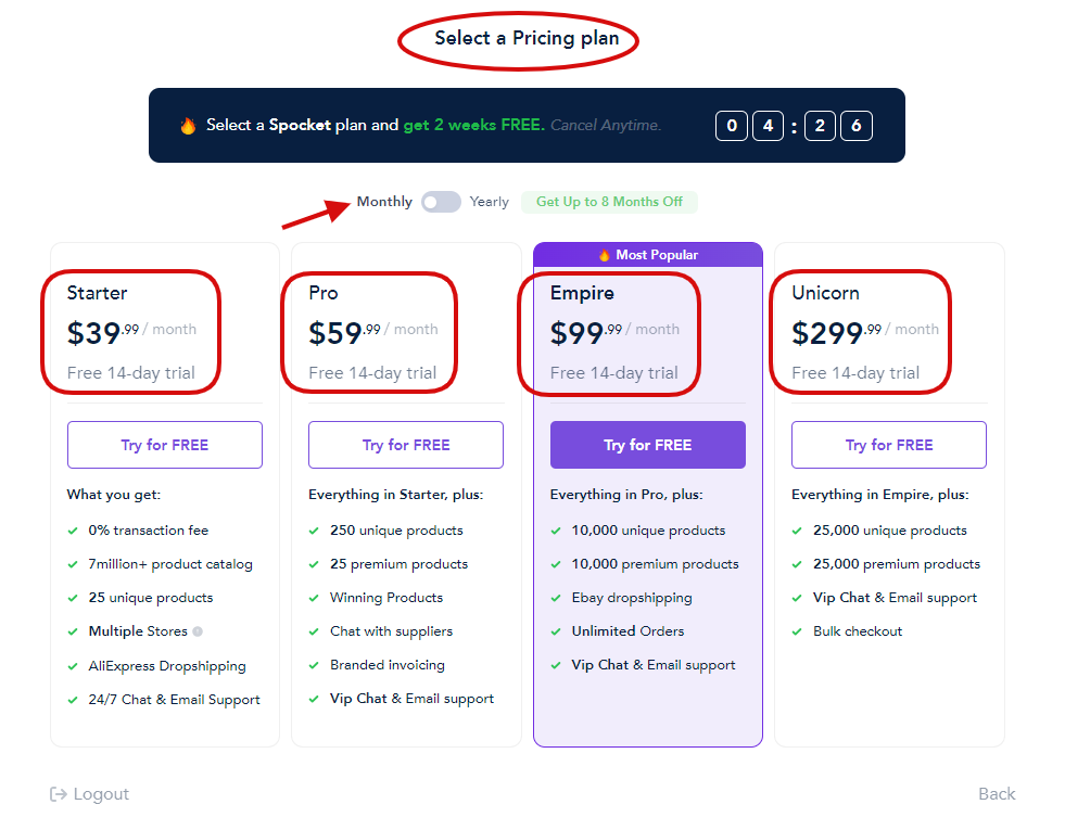 Choose Spocket Pricing Plan