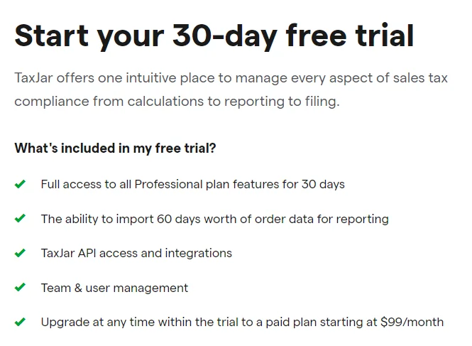 TaxJar Free Trial Feature List