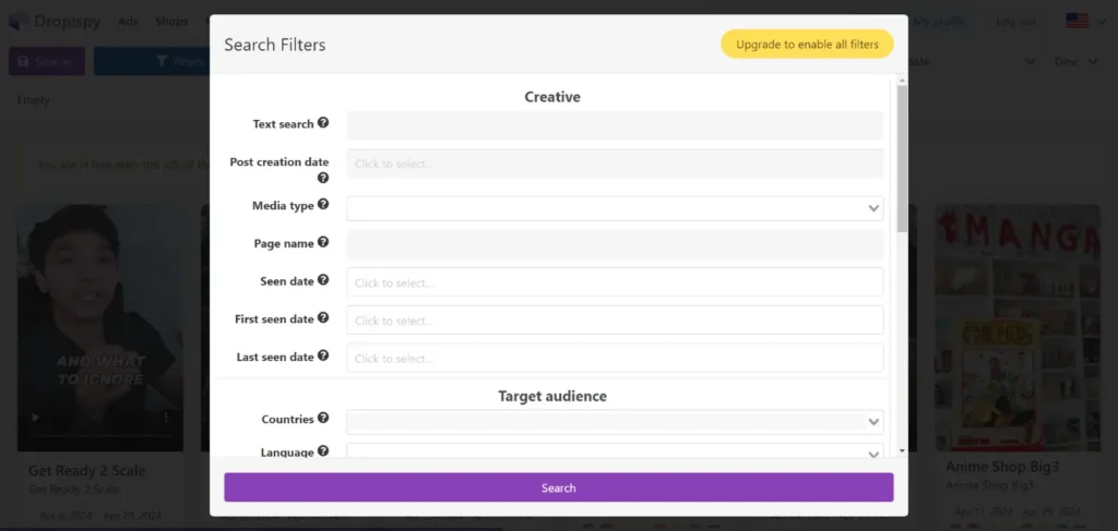 Dropispy Filters and Sorting