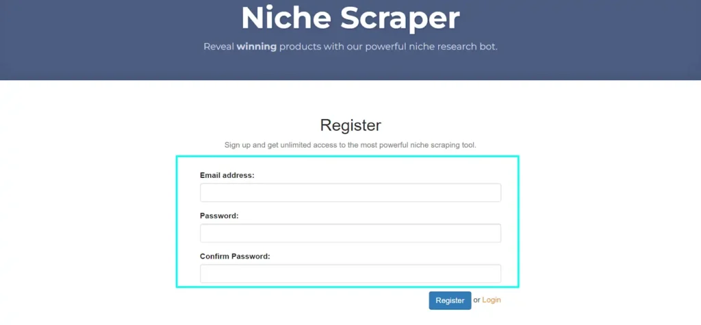 Create a new account with Niche Scraper