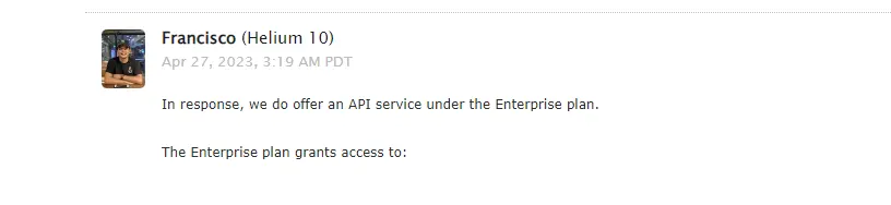 Francisco's comment about Helium 10 API