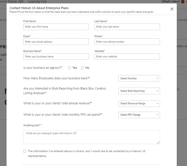 Helium 10 Enterprise Plan Form