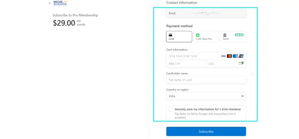 Payment Information of Niche Scraper