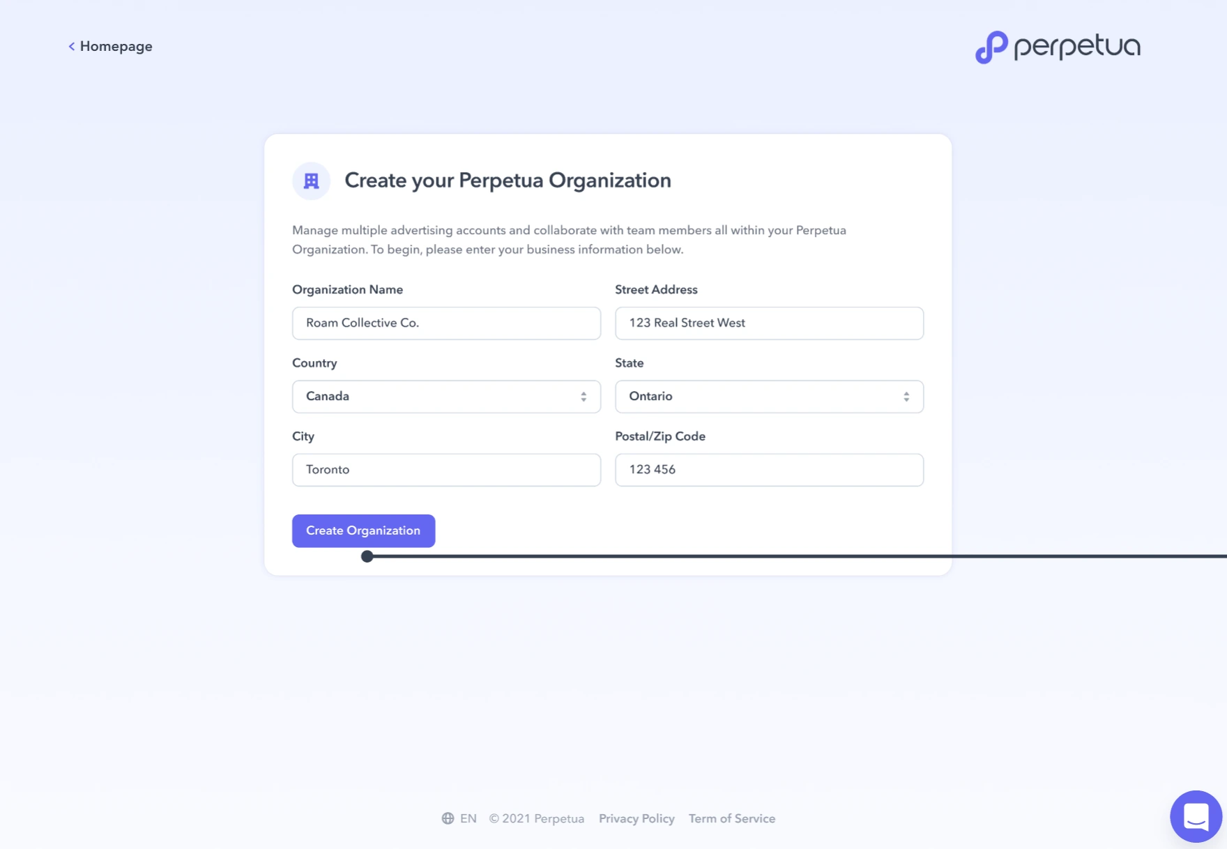 Create your Perpetua Organization.
