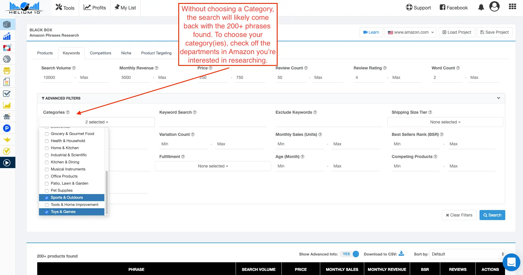 Helium 10 Black box Advanced Filtering Options
