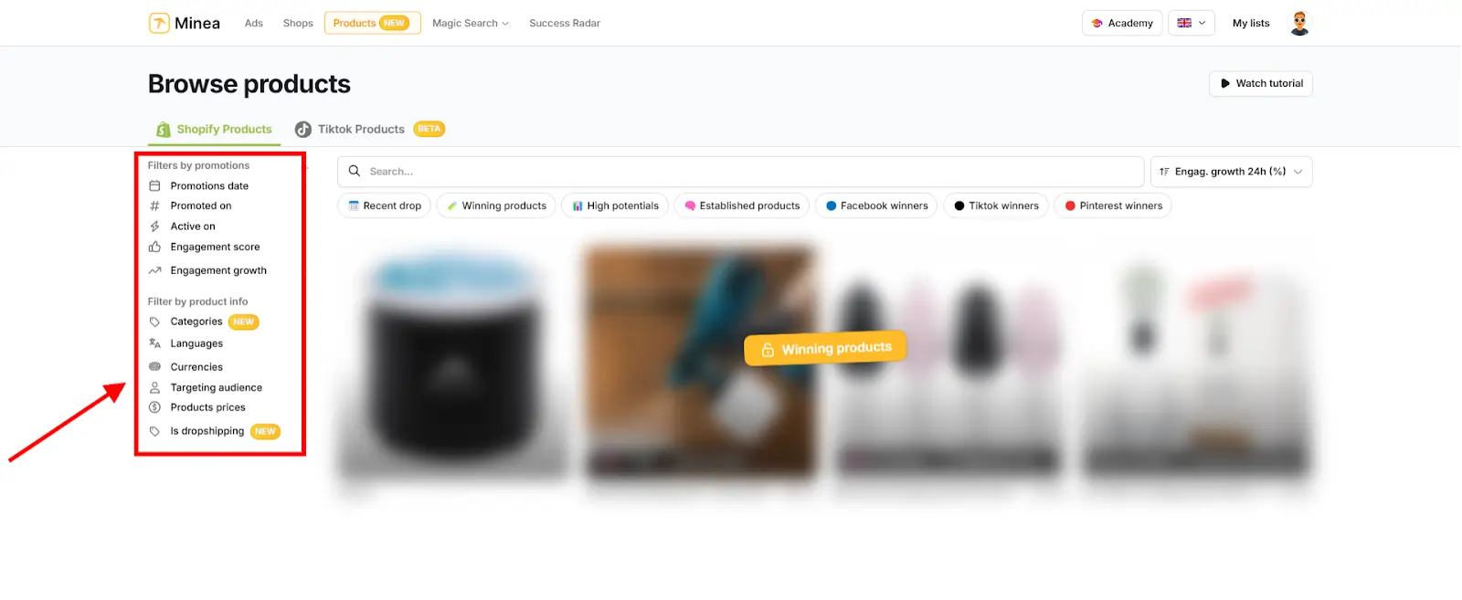 Minea Filters to refine your Search