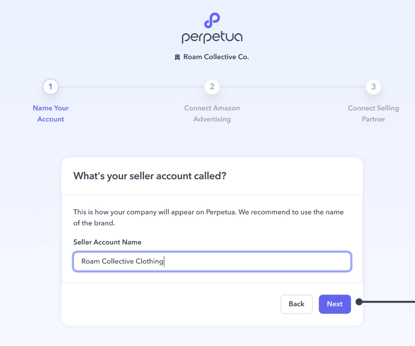 Name your seller account in Perpetua