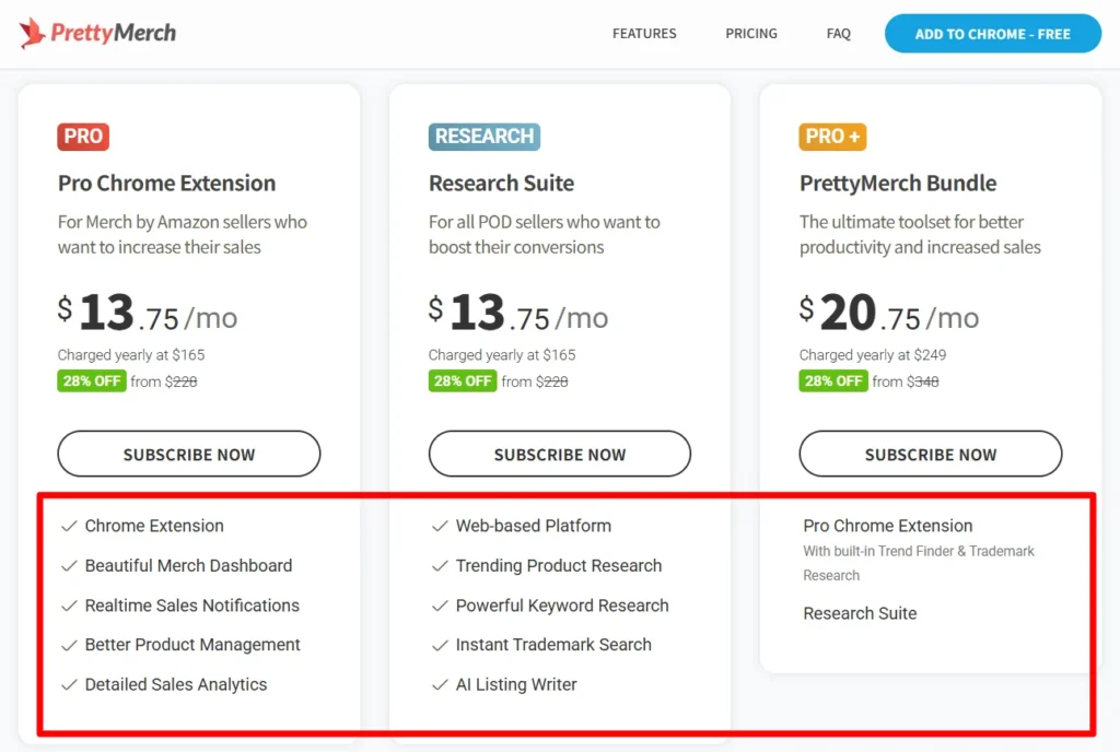 PrettyMerch Plans features
