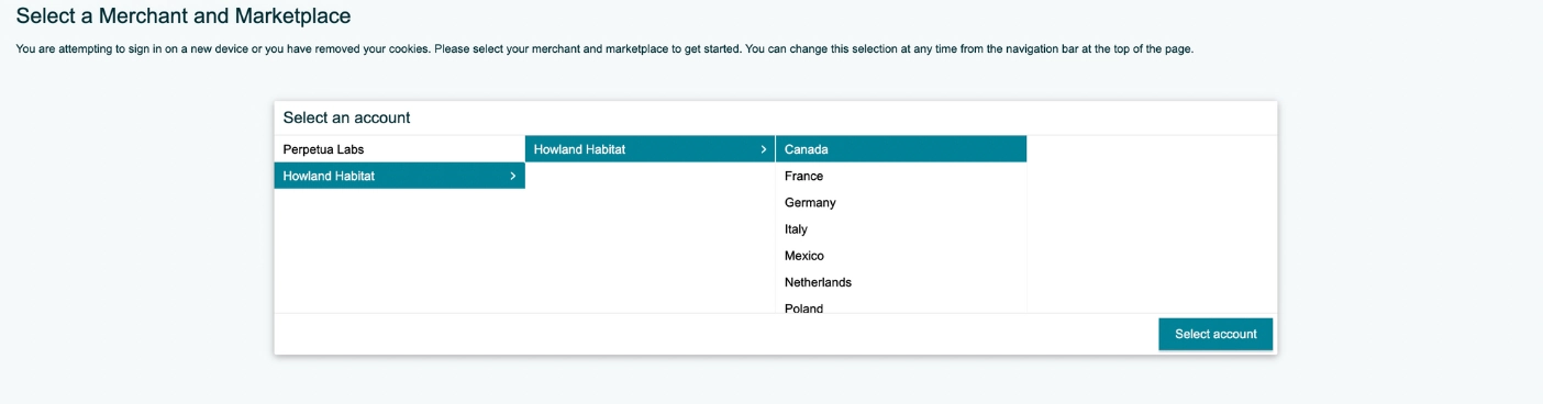 Select the merchant and marketplaces in Perpetua Account