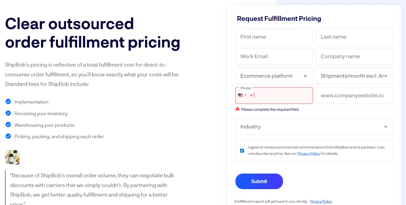 ShipBob Order Fulfilment pricing